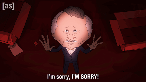 A Cartoon Character Says " I 'M Sorry I 'M Sorry " In A Dark Room GIF