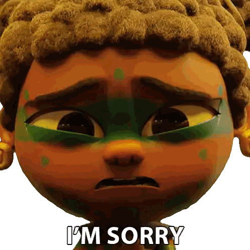 A Cartoon Character Says " I 'M Sorry " In Front Of A White Background GIF