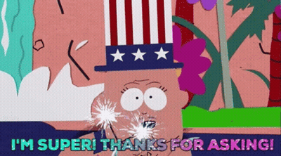 A Cartoon Character Says " I 'M Super Thanks For Asking " While Holding A Sparkler GIF