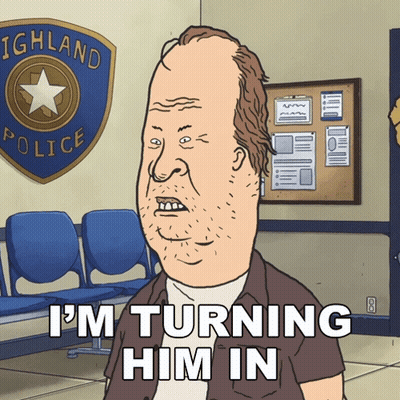 A Cartoon Character Says I 'M Turning Him In In Front Of A Highland Police Sign GIF