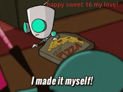 A Cartoon Character Says " I Made It Myself " In Front Of A Box Of Pizza GIF