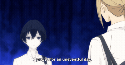 A Cartoon Character Says " I Prayed For An Uneventful Day " In Front Of Another Character GIF