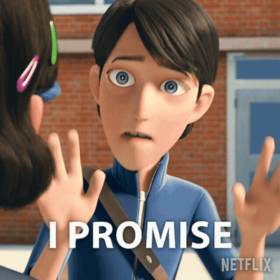 A Cartoon Character Says " I Promise " In Front Of A Brick Wall GIF