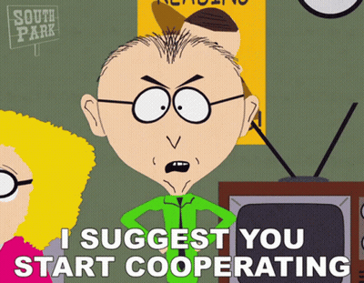 A Cartoon Character Says I Suggest You Start Cooperating In Front Of A South Park Sign GIF