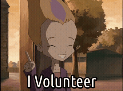 A Cartoon Character Says " I Volunteer " And Points Up GIF