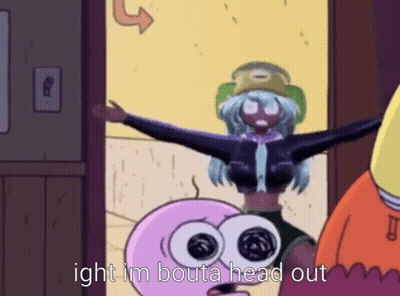 A Cartoon Character Says ' Ight Im Bouta Head Out ' In A Doorway GIF