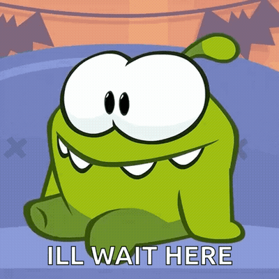 A Cartoon Character Says " Ill Wait Here " On A Blue Background GIF