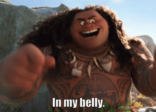A Cartoon Character Says " In My Belly " In Front Of A Rock GIF