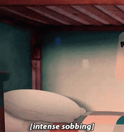 A Cartoon Character Says " Intense Sobbing " In Front Of A Bed GIF