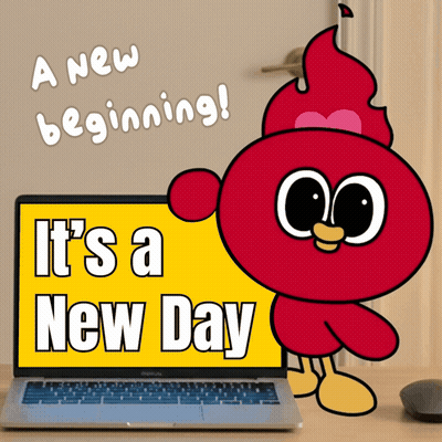 A Cartoon Character Says It 'S A New Day Next To A Laptop GIF