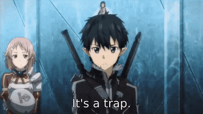 A Cartoon Character Says It 'S A Trap While Holding Two Swords GIF