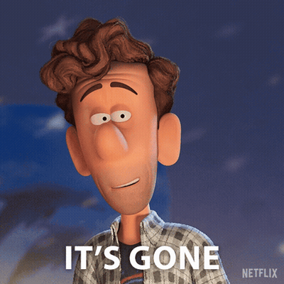 A Cartoon Character Says " It 'S Gone " In Front Of A Blue Sky GIF