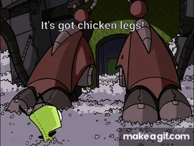 A Cartoon Character Says It 'S Got Chicken Legs In Front Of A Building GIF