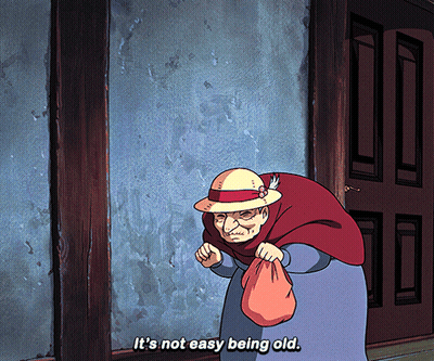 A Cartoon Character Says It 'S Not Easy Being Old While Holding A Bag GIF