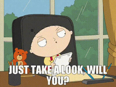 A Cartoon Character Says Just Take A Look Will You While Holding A Tablet GIF