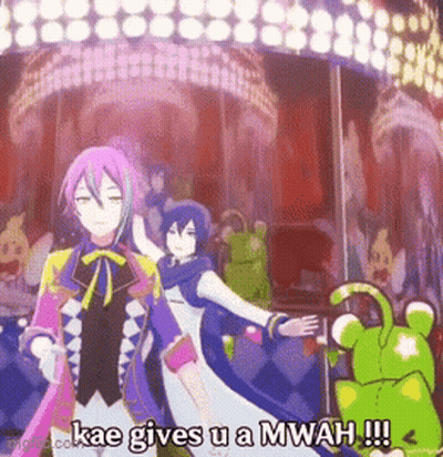 A Cartoon Character Says Kae Gives U A Mwah In Front Of A Merry Go Round . GIF