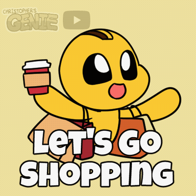 A Cartoon Character Says Let 'S Go Shopping And Holds A Coffee Cup GIF