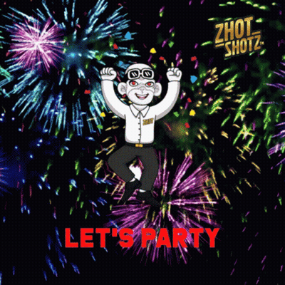 A Cartoon Character Says Let 'S Party In Front Of A Firework Display GIF