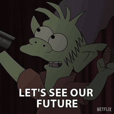 A Cartoon Character Says " Let 'S See Our Future " While Holding A Coin GIF