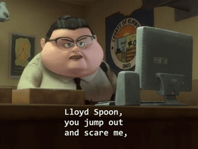 A Cartoon Character Says Lloyd Spoon You Jump Out And Scare Me In Front Of A Computer Monitor GIF