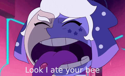 A Cartoon Character Says Look I Ate Your Bee With His Tongue Out GIF