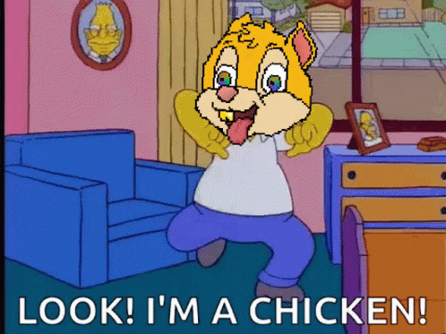A Cartoon Character Says Look ! I 'M A Chicken In A Living Room GIF