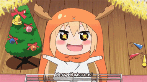 A Cartoon Character Says Merry Christmas While Standing In Front Of A Christmas Tree GIF