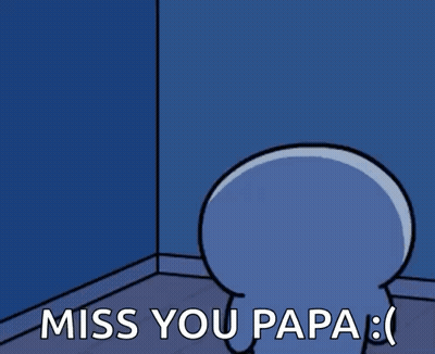 A Cartoon Character Says " Miss You Papa " While Standing In A Dark Room GIF