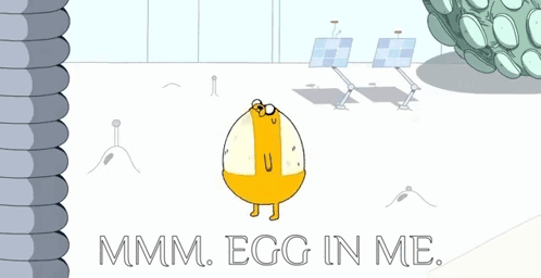 A Cartoon Character Says ' Mmmm Egg In Me ' On A White Background GIF