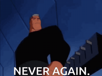 A Cartoon Character Says Never Again While Holding A Staircase GIF