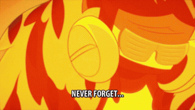 a cartoon character says " never forget " in a yellow background