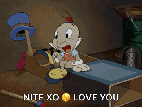 A Cartoon Character Says " Nite Xo Love You " On The Bottom GIF