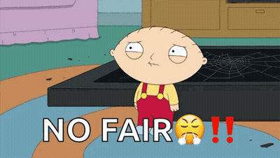 A Cartoon Character Says No Fair In Front Of A Broken Screen GIF