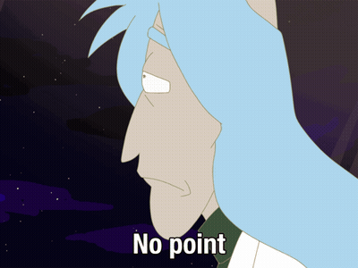 A Cartoon Character Says No Point In A Dark Background GIF