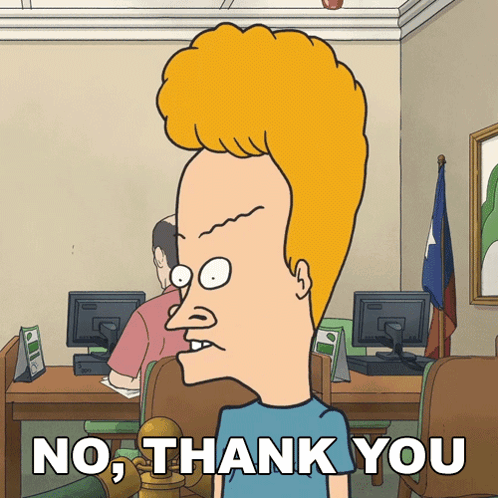 A Cartoon Character Says No Thank You In A Room GIF