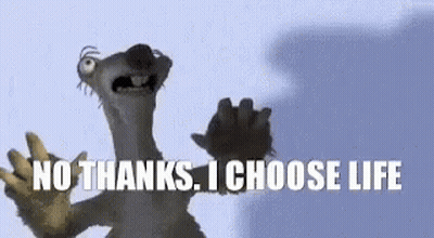 A Cartoon Character Says `` No Thanks , I Choose Life '' While Standing In Front Of A Blue Background . GIF
