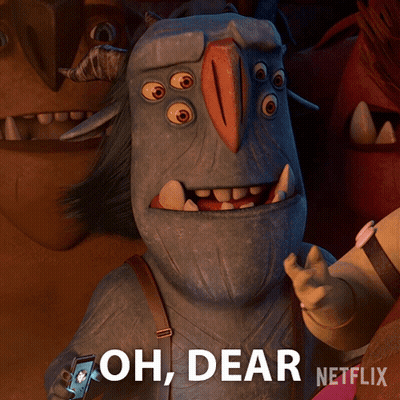 A Cartoon Character Says " Oh Dear Netflix " In Front Of A Group Of Monsters GIF