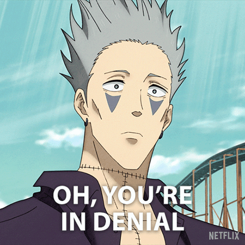 A Cartoon Character Says Oh You 'Re In Denial In Front Of A Roller Coaster GIF