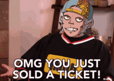 A Cartoon Character Says " Omg You Just Sold A Ticket ! " GIF