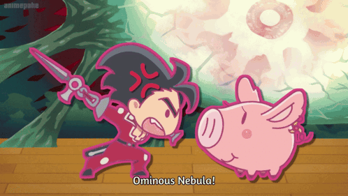 A Cartoon Character Says Ominous Nebula In Front Of A Pink Pig GIF