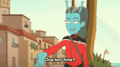 A Cartoon Character Says One Last Time In Front Of Buildings GIF