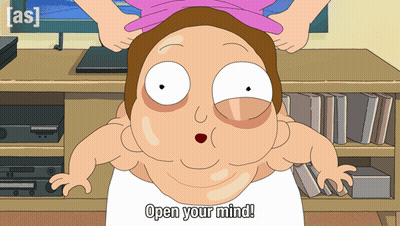 A Cartoon Character Says " Open Your Mind " In Front Of A Bookshelf GIF