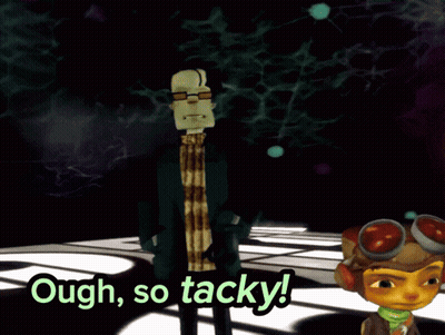A Cartoon Character Says Ough So Tacky In A Dark Room GIF