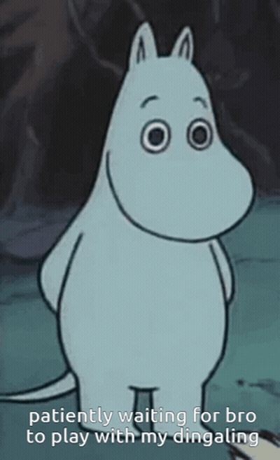 A Cartoon Character Says " Patiently Waiting For Bro To Play With My Dingaling " GIF