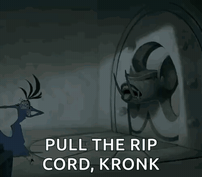 A Cartoon Character Says Pull The Rip Cord Kronk In A Dark Room GIF