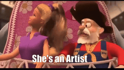 A Cartoon Character Says She 'S An Artist In Front Of A Barbie And A Cowboy GIF