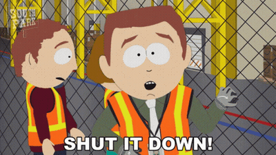 A Cartoon Character Says Shut It Down In A Warehouse GIF