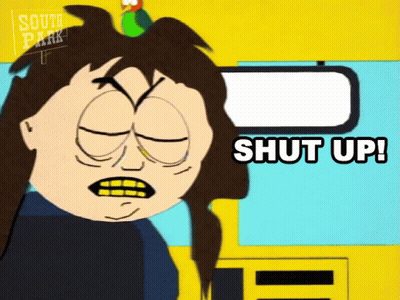 A Cartoon Character Says Shut Up In Front Of A Yellow Bus GIF