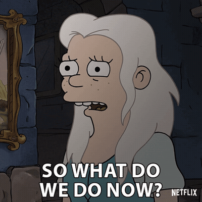 A Cartoon Character Says " So What Do We Do Now " In Front Of A Painting GIF