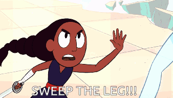 A Cartoon Character Says " Sweep The Leg " In The Corner GIF